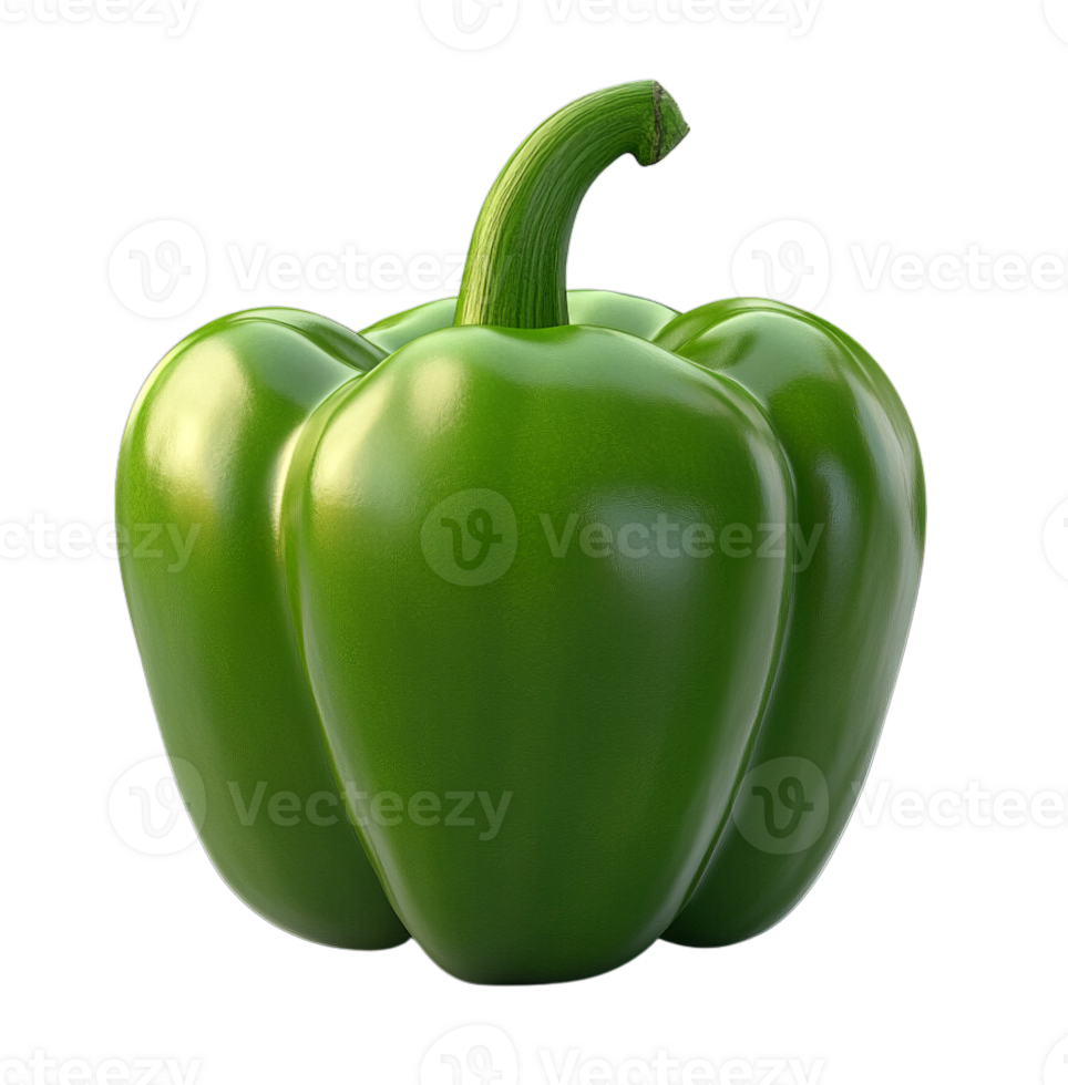A vibrant green bell pepper, with a smooth, glossy skin and a prominent stem, is showcased on a transparent background. png