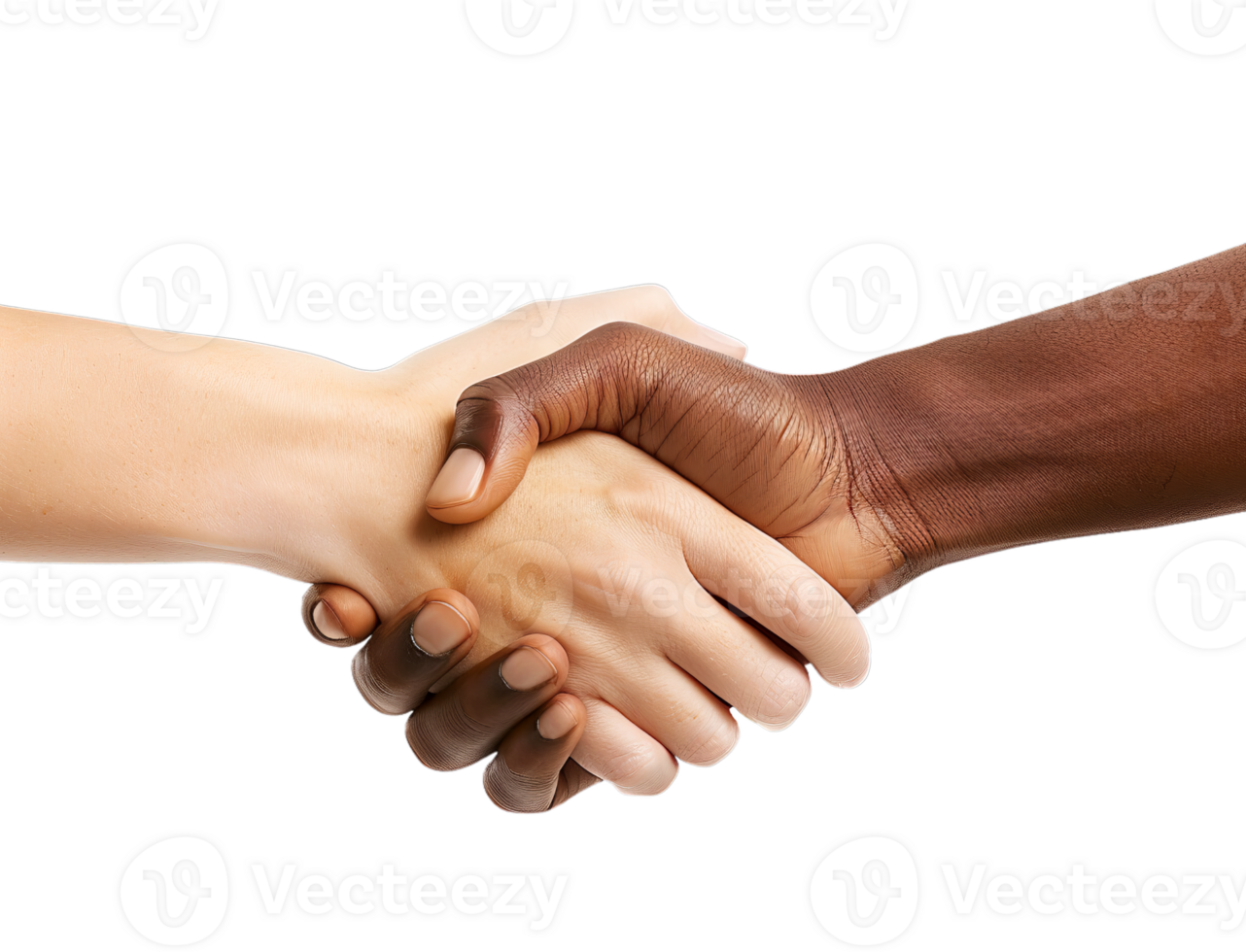 Two hands, one light-skinned and one dark-skinned, clasp in a firm handshake, symbolizing unity and cooperation. png