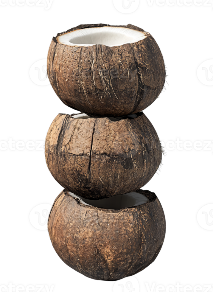 Three hollowed-out coconut shells, stacked on top of each other, create a unique and natural decorative piece. png