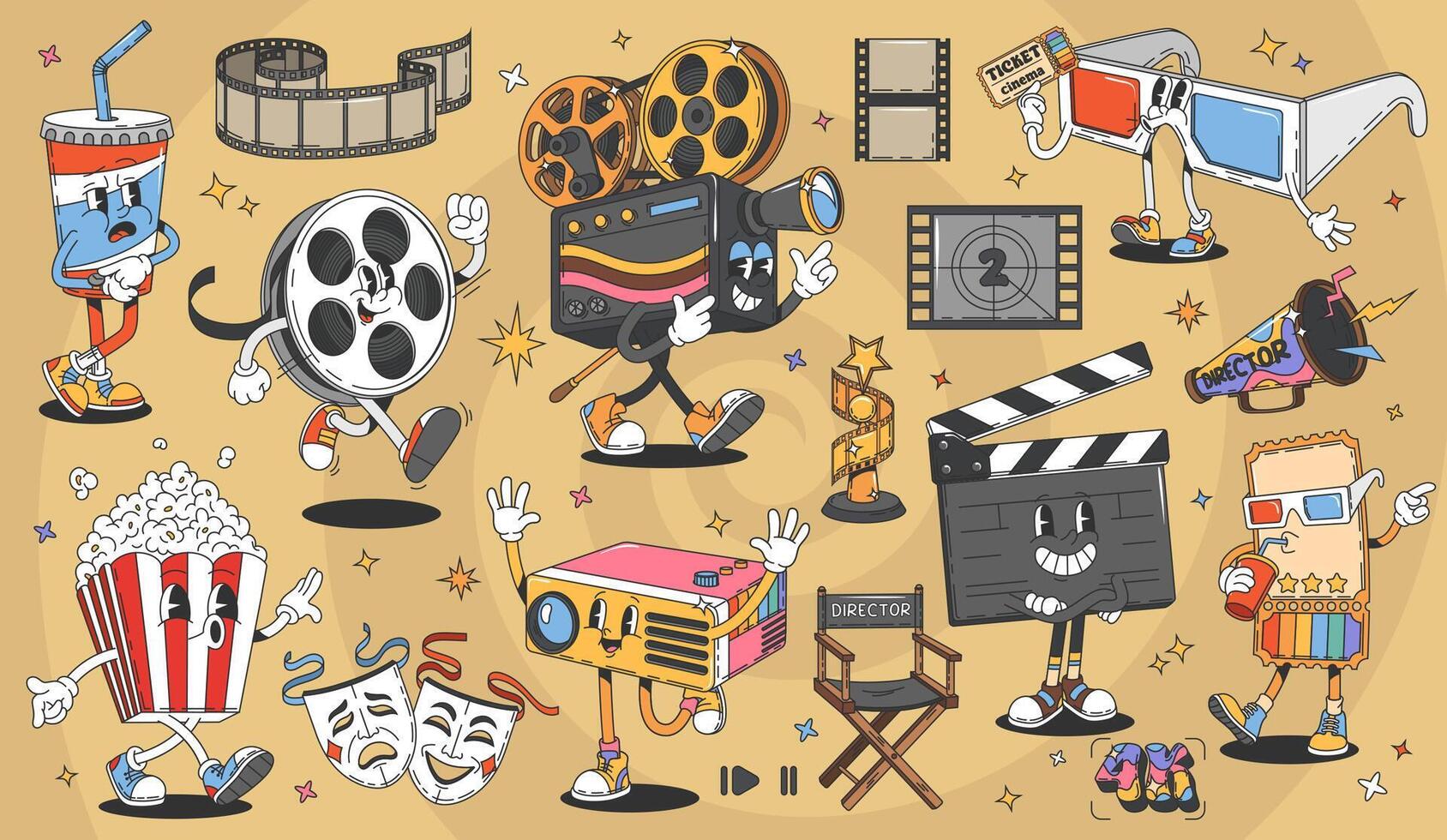 Cartoon movie cinema retro groovy hippy characters vector
