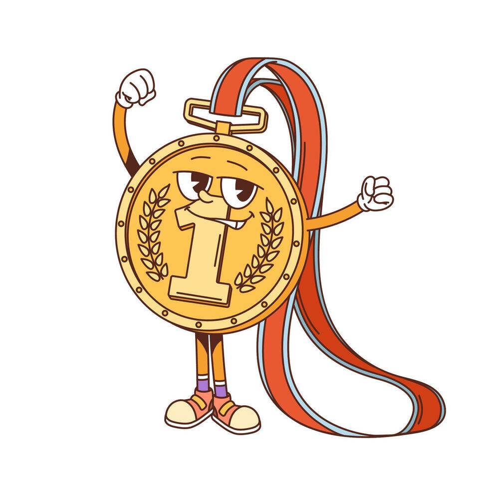 Groovy school golden medal character celebrating vector