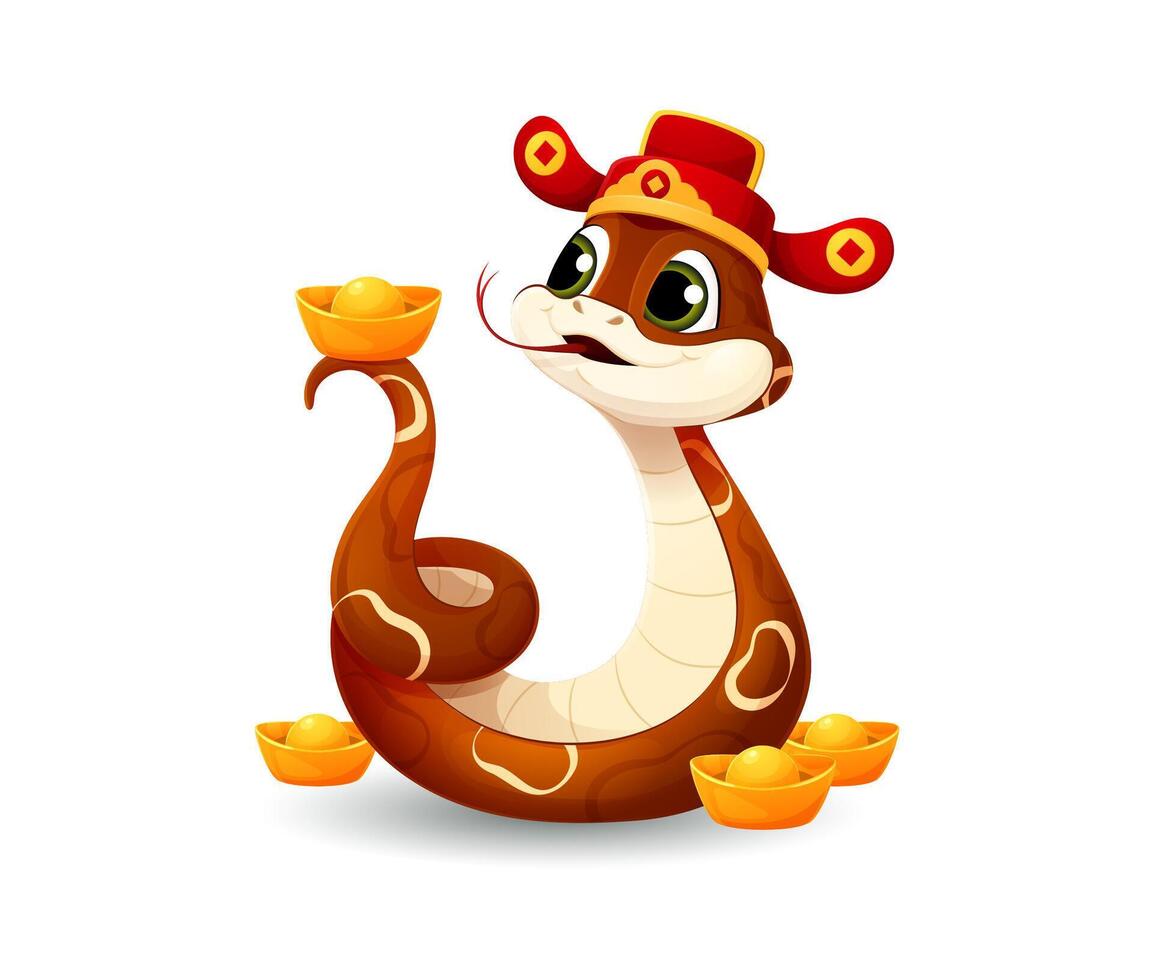 Cartoon snake in a Chinese hat and gold ingot vector