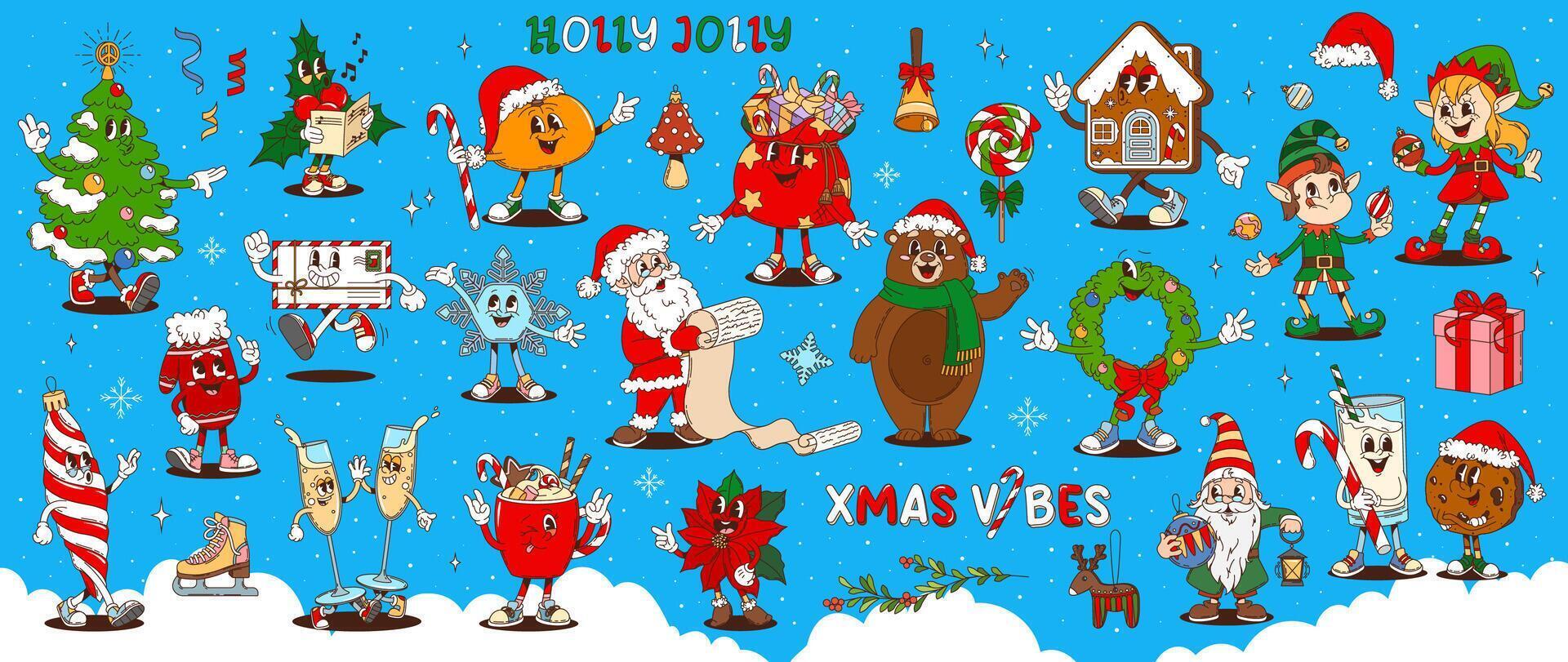 Retro cartoon groovy christmas characters set vector