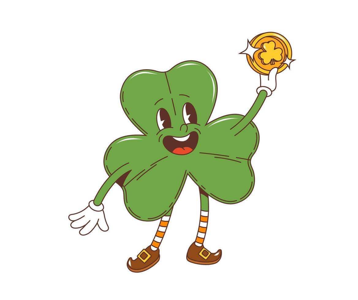 Cartoon retro groovy shamrock clover with coin vector