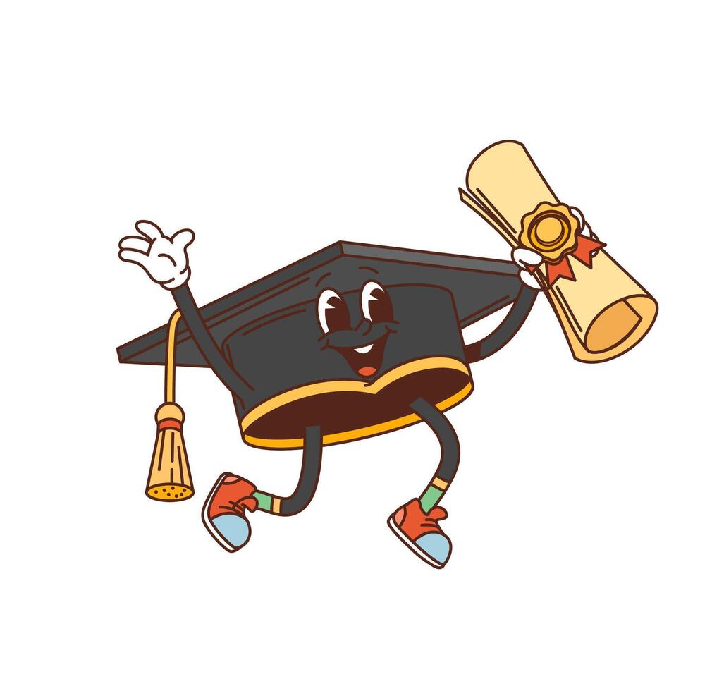 Groovy student graduation cap, retro character vector
