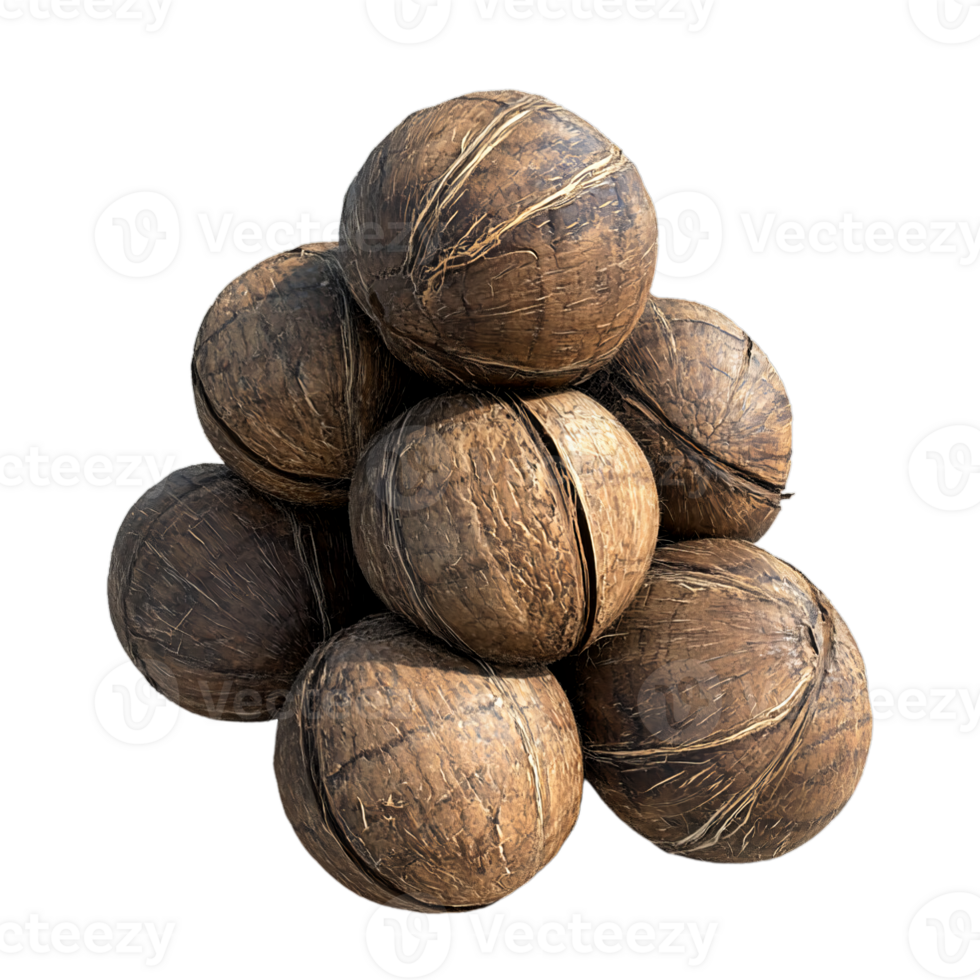 A pyramid of ten whole coconuts, with varying shades of brown and textures, creates a unique and natural display. png