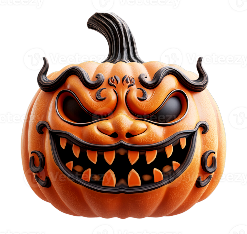 A carved pumpkin with a demonic face, featuring horns, fangs, and a mustache. png