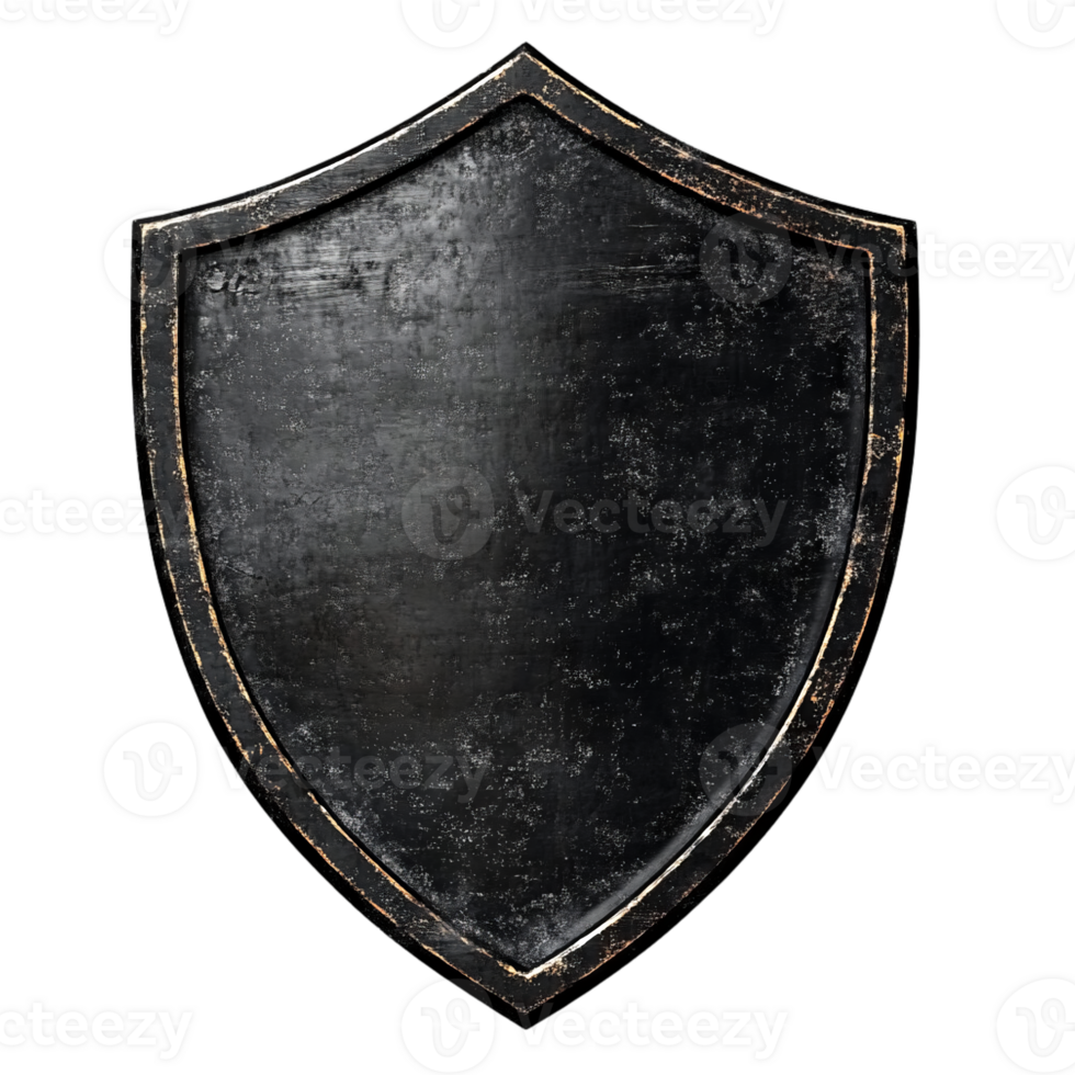 A weathered, black metal shield with a golden border, reminiscent of medieval armor, is isolated on a transparent background. png