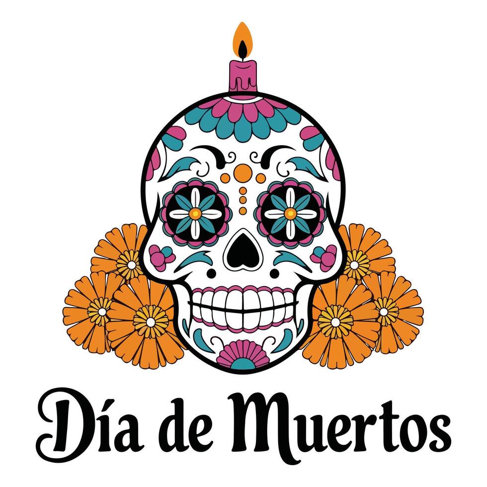 a skull with flowers and a candle that says day of death vector