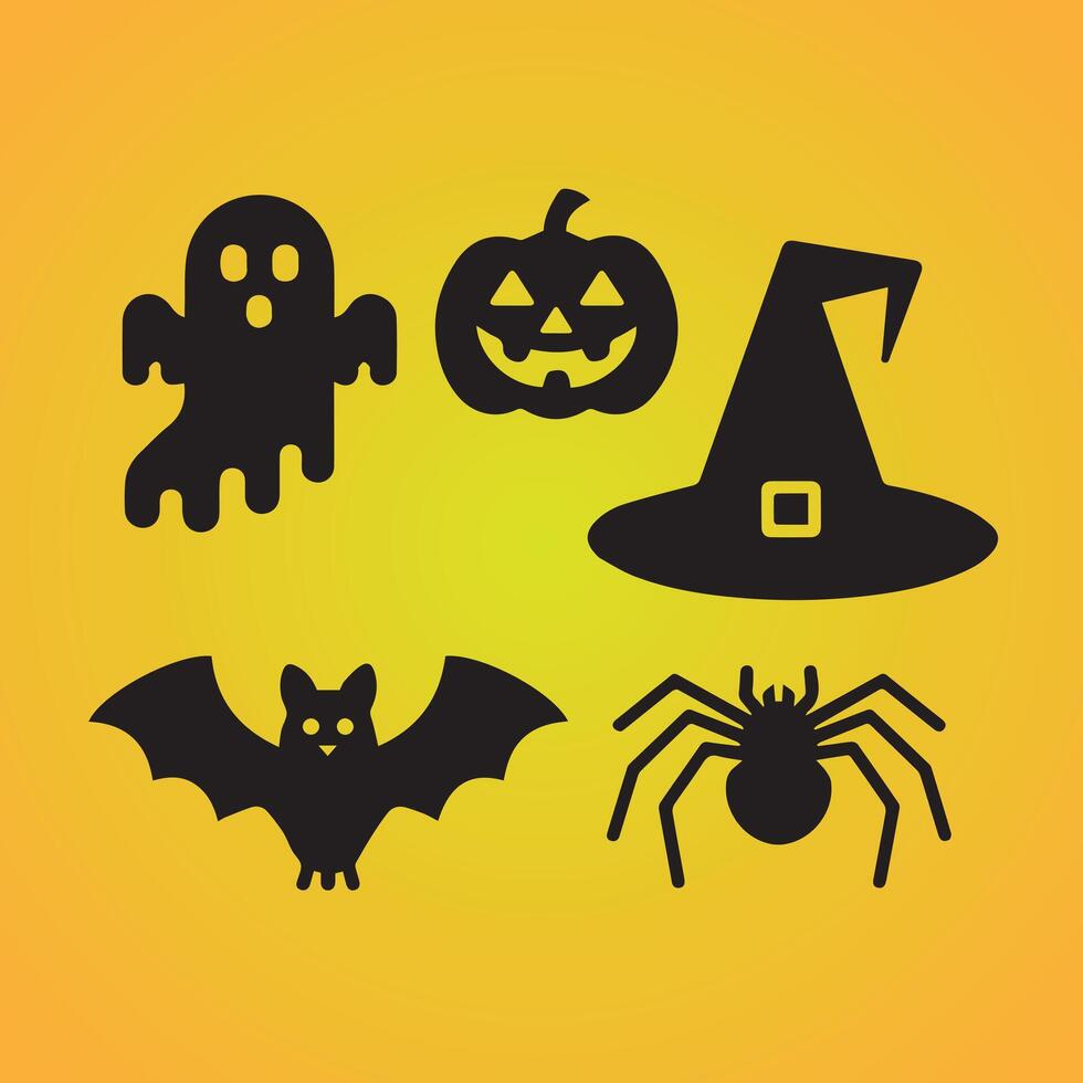 a collection of halloween icons including a witch and a pumpkin. vector