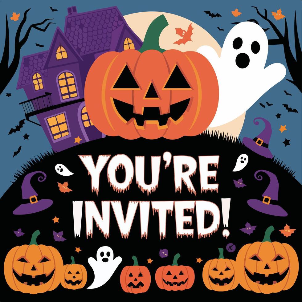 a poster for a halloween party with a pumpkin and a house vector