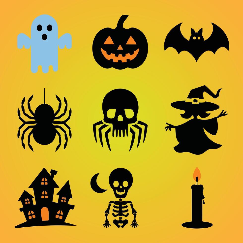 a collection of halloween images including a ghost and a spiderman. vector