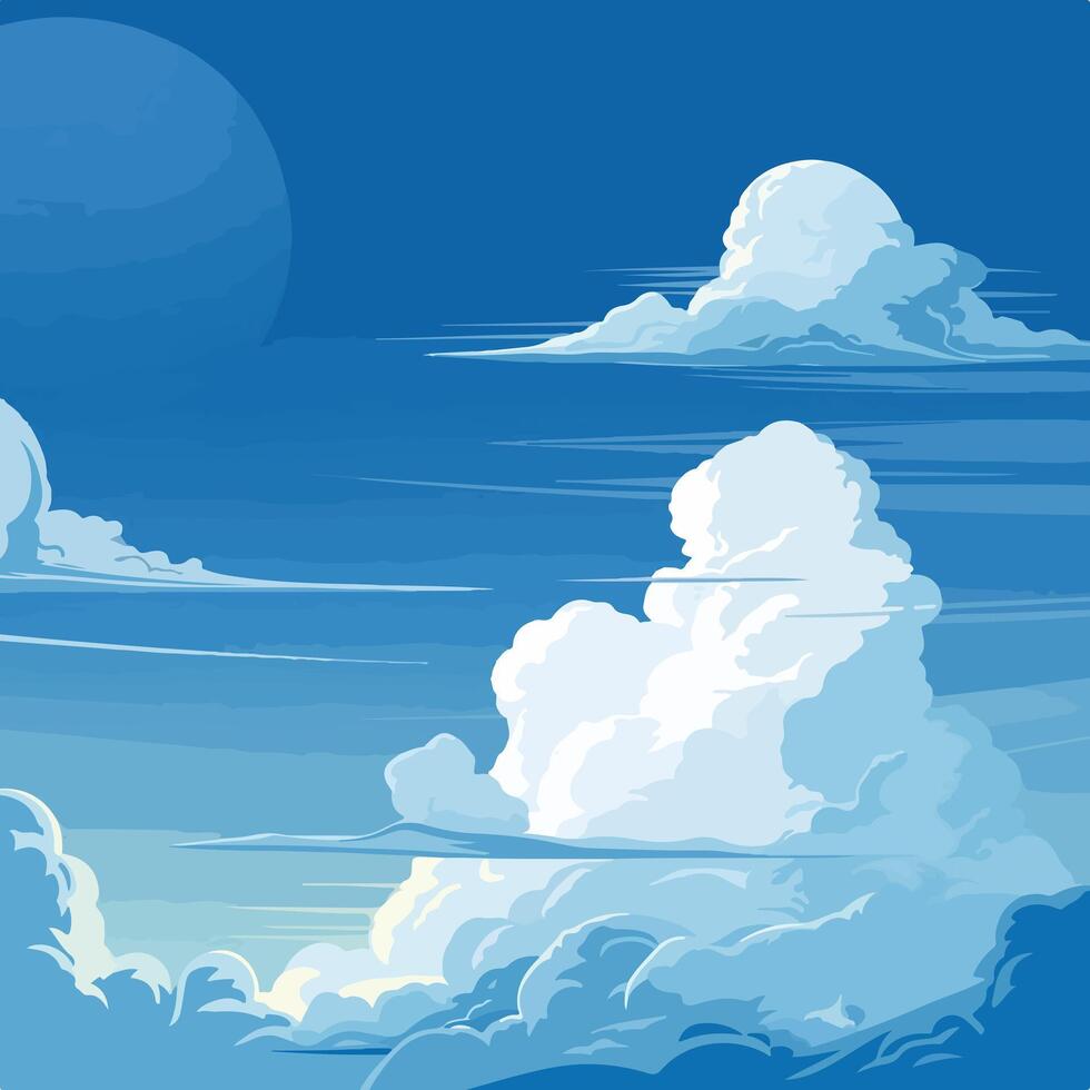 a blue and white painting of clouds and the moon. vector