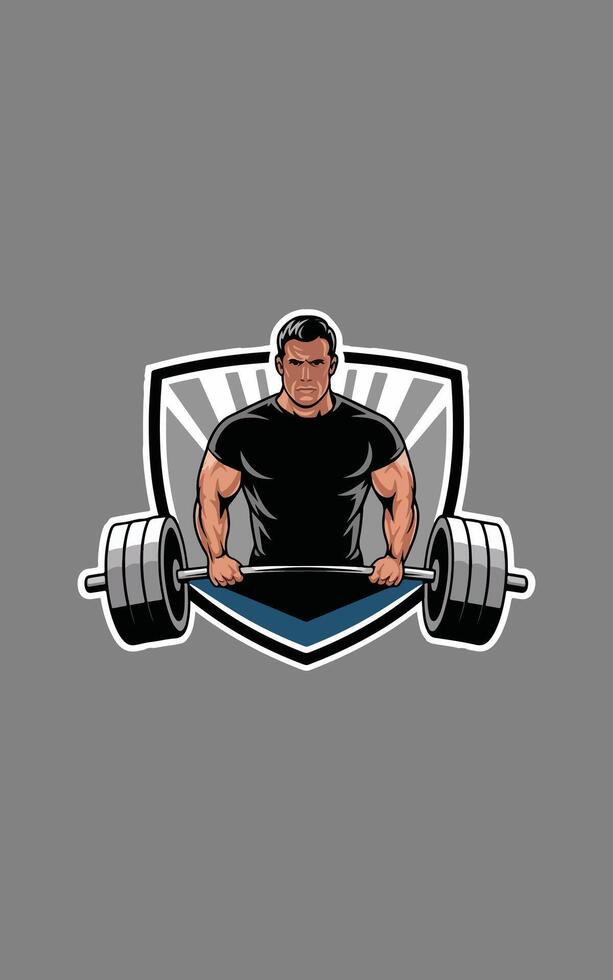 Strongman holding barbell shield logo design vector