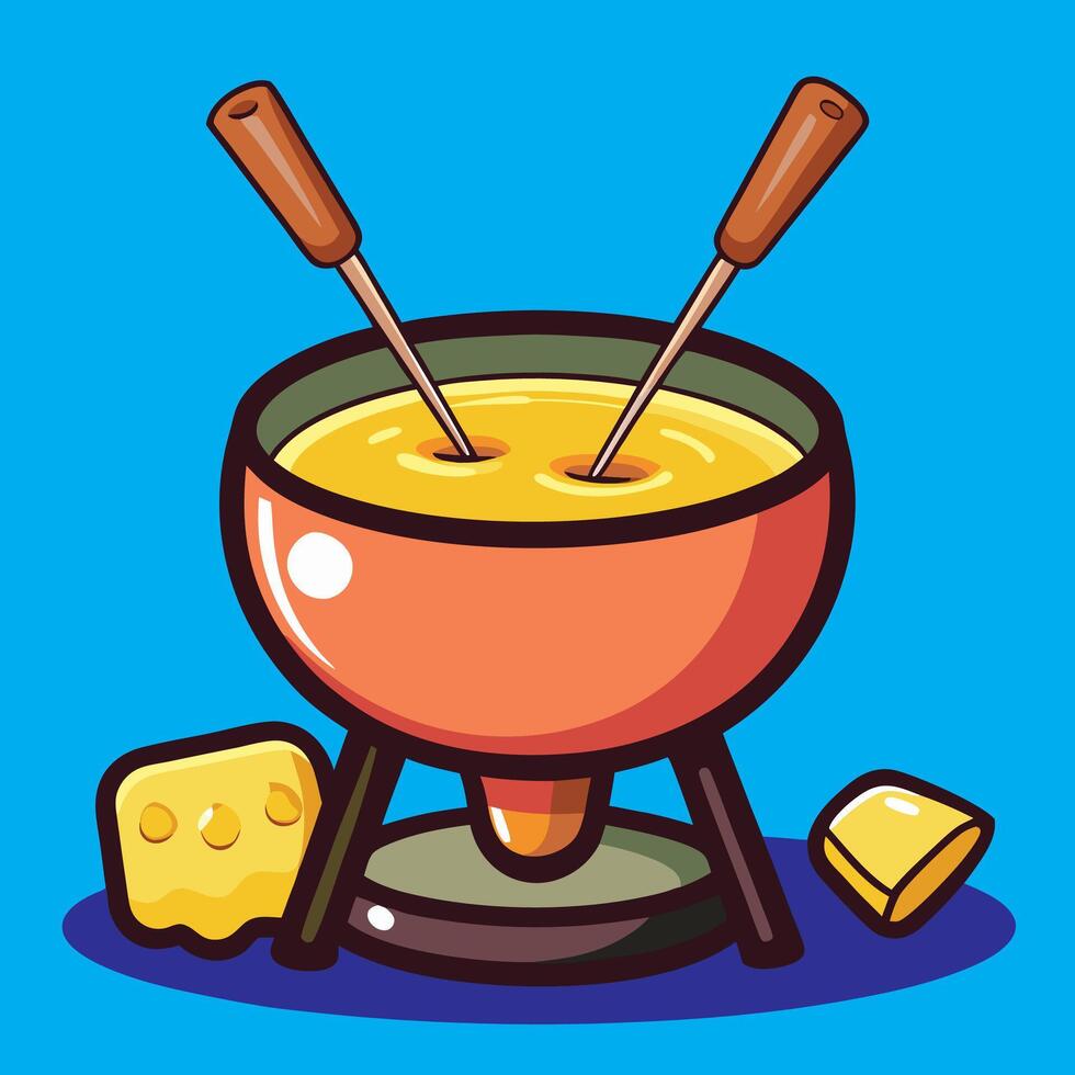 Fondue with cheese and wooden sticks on blue background vector