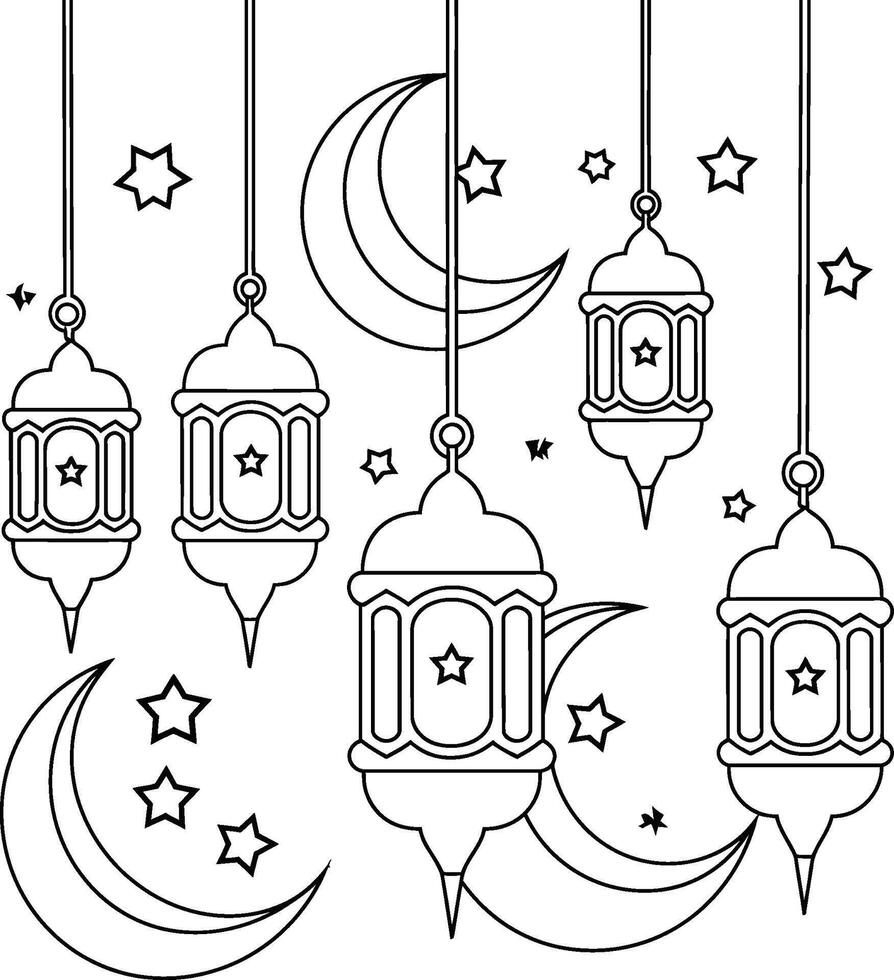 Ramadan coloring pages with lanterns and stars vector