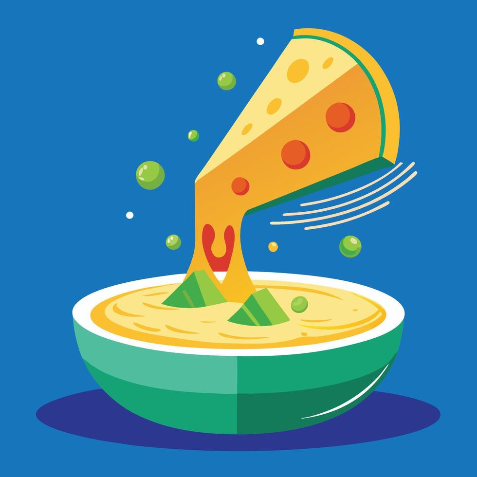 A bowl of soup with a slice of cheese on top vector