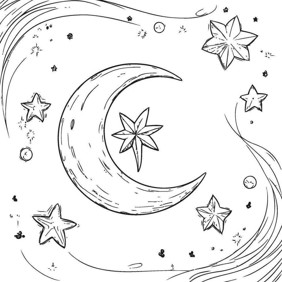 A drawing of a crescent and stars vector
