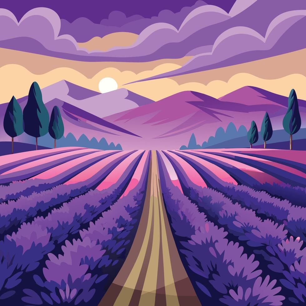 Lavender field with road and trees at sunset vector