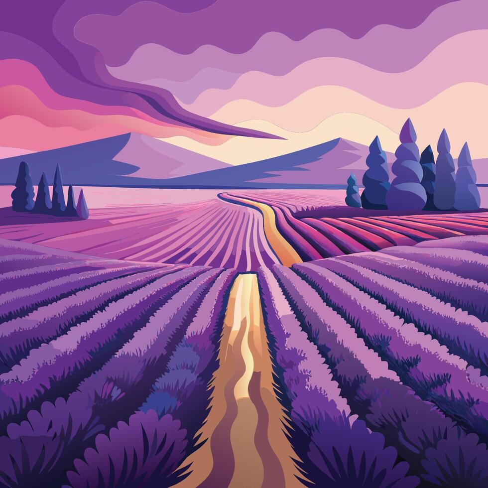 Lavender field with trees and mountains at sunset vector