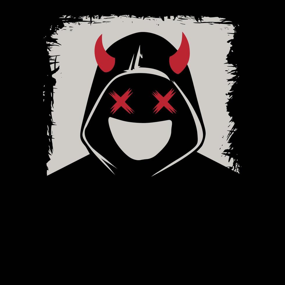 A mysterious, hooded figure with devilish horns and crossed-out eyes vector