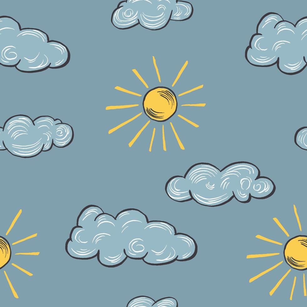 A cheerful seamless pattern featuring hand-drawn clouds and suns on a blue background vector