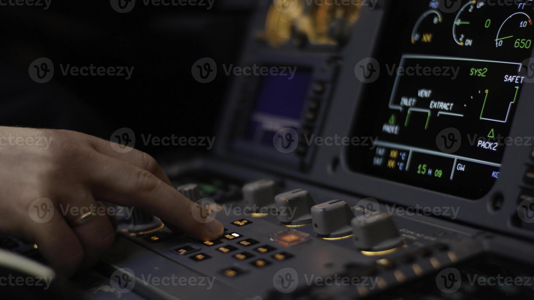 Autopilot control element of an airliner. Panel of switches on an aircraft flight deck. Thrust levers of a twin engined airliner. Pilot controls the aircraft. Onboard computer, cockpit photo