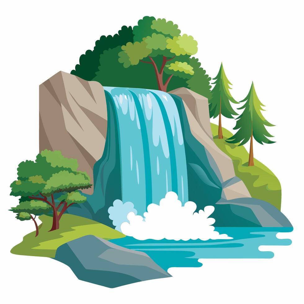 Waterfall in the forest, isolated on white background illustration vector