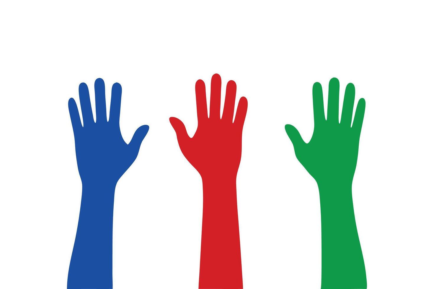 Three hands raised up in the air with different colors vector