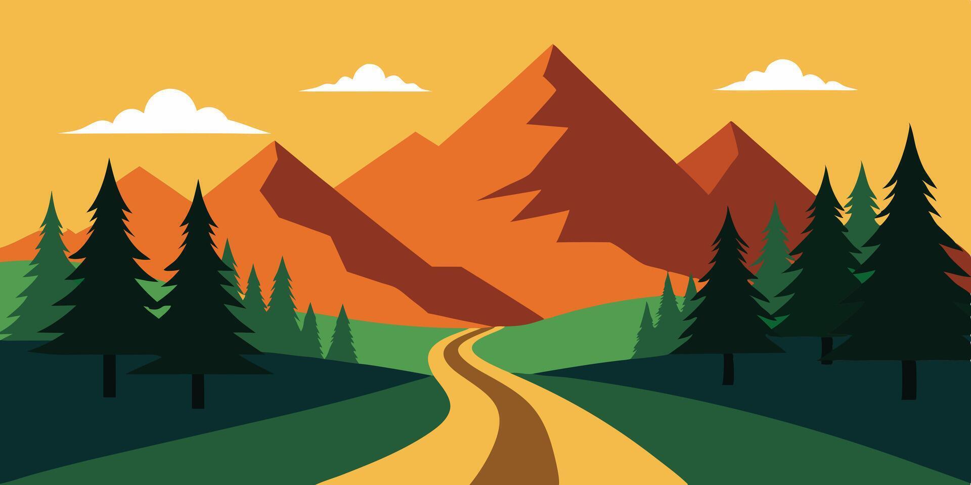 A road leading to a mountain range with trees and pine trees vector