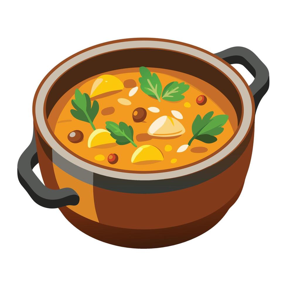A pot of stew with vegetables and herbs vector