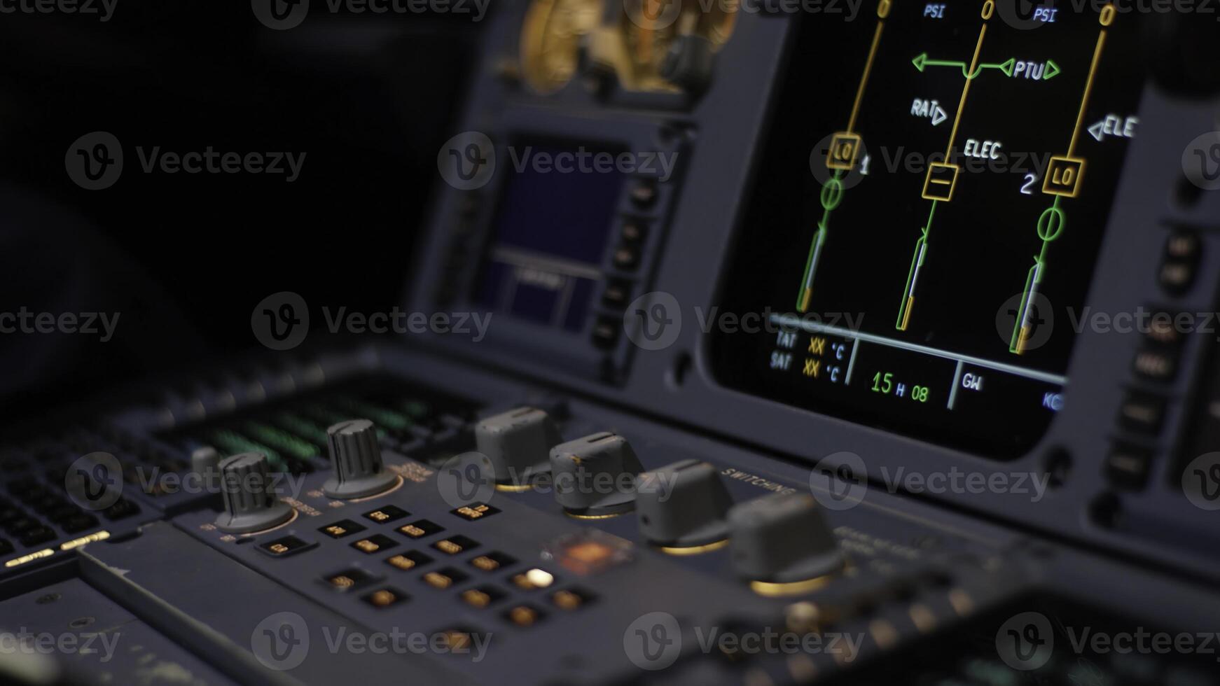 Autopilot control element of an airliner. Panel of switches on an aircraft flight deck. Thrust levers of a twin engined airliner. Pilot controls the aircraft. Onboard computer, cockpit photo