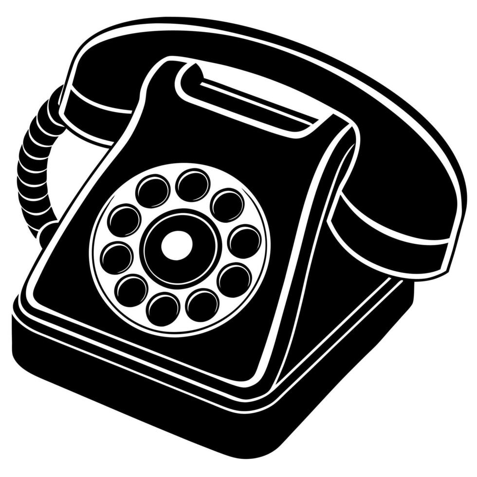 An old fashioned telephone is shown in black and white vector