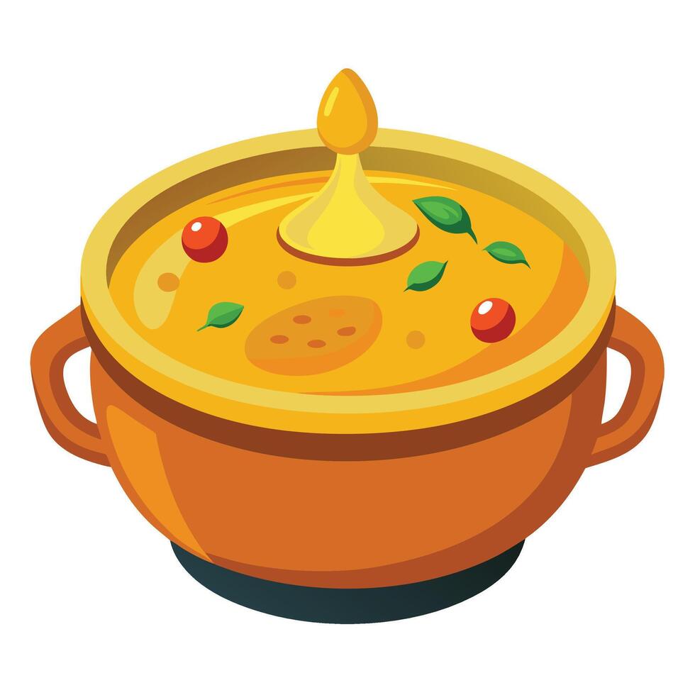 A bowl of soup with a yellow lid vector