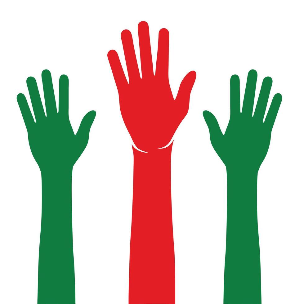 Three hands raised in the air with red and green colors vector