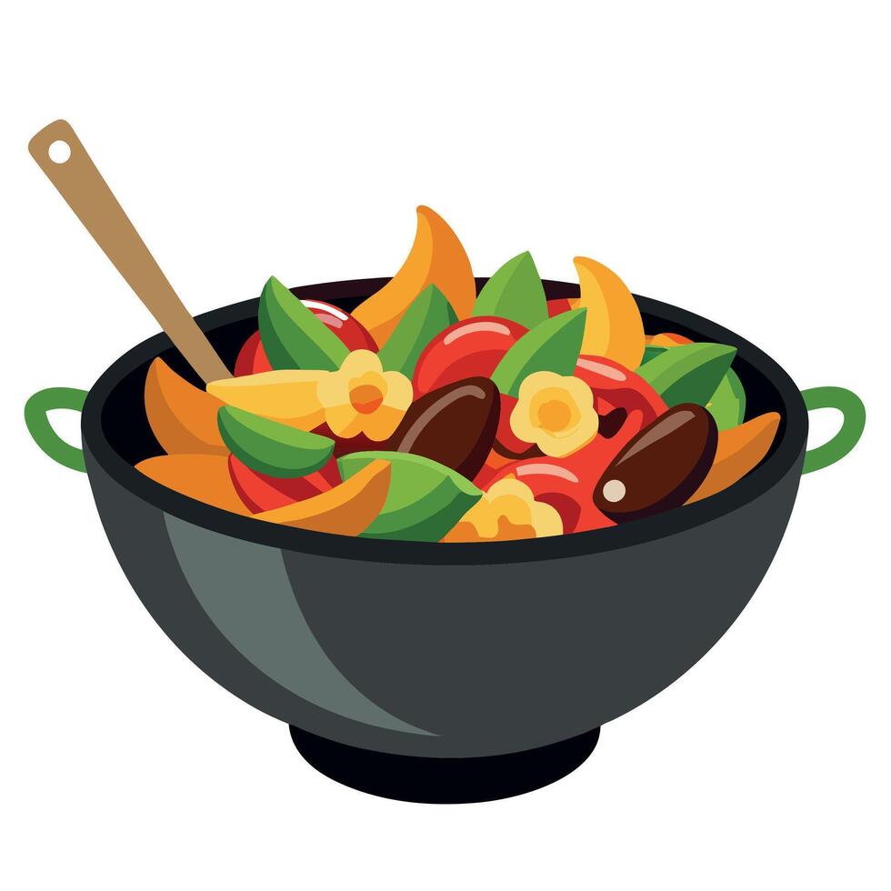 A bowl of vegetables with a wooden spoon vector