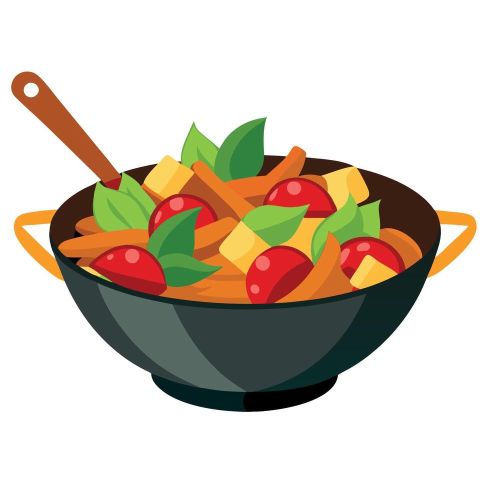 A pan with vegetables and tomatoes in it vector