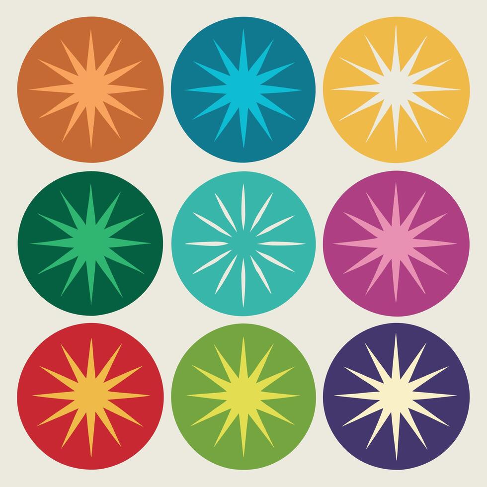 A set of nine colorful starburst icons vector