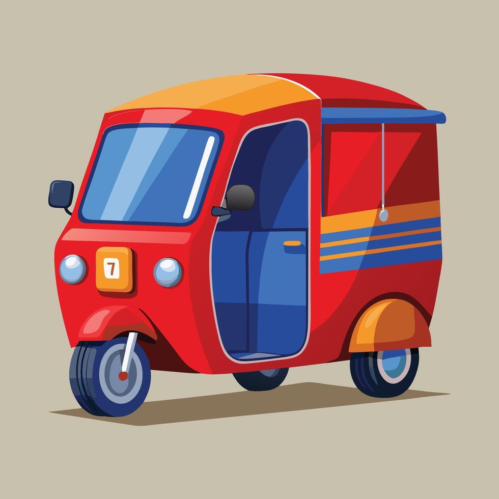 A cartoon red and orange tuk tuk vector