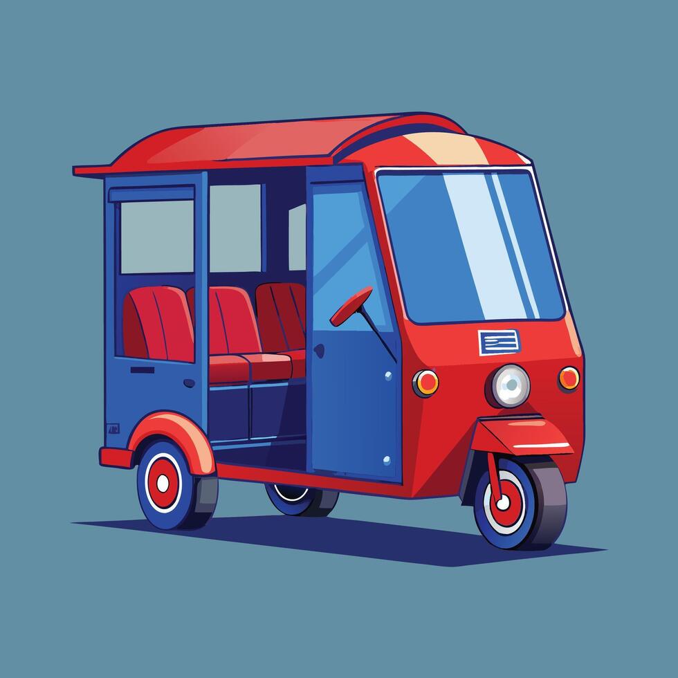 A red and blue tuk tuk with a passenger seat vector