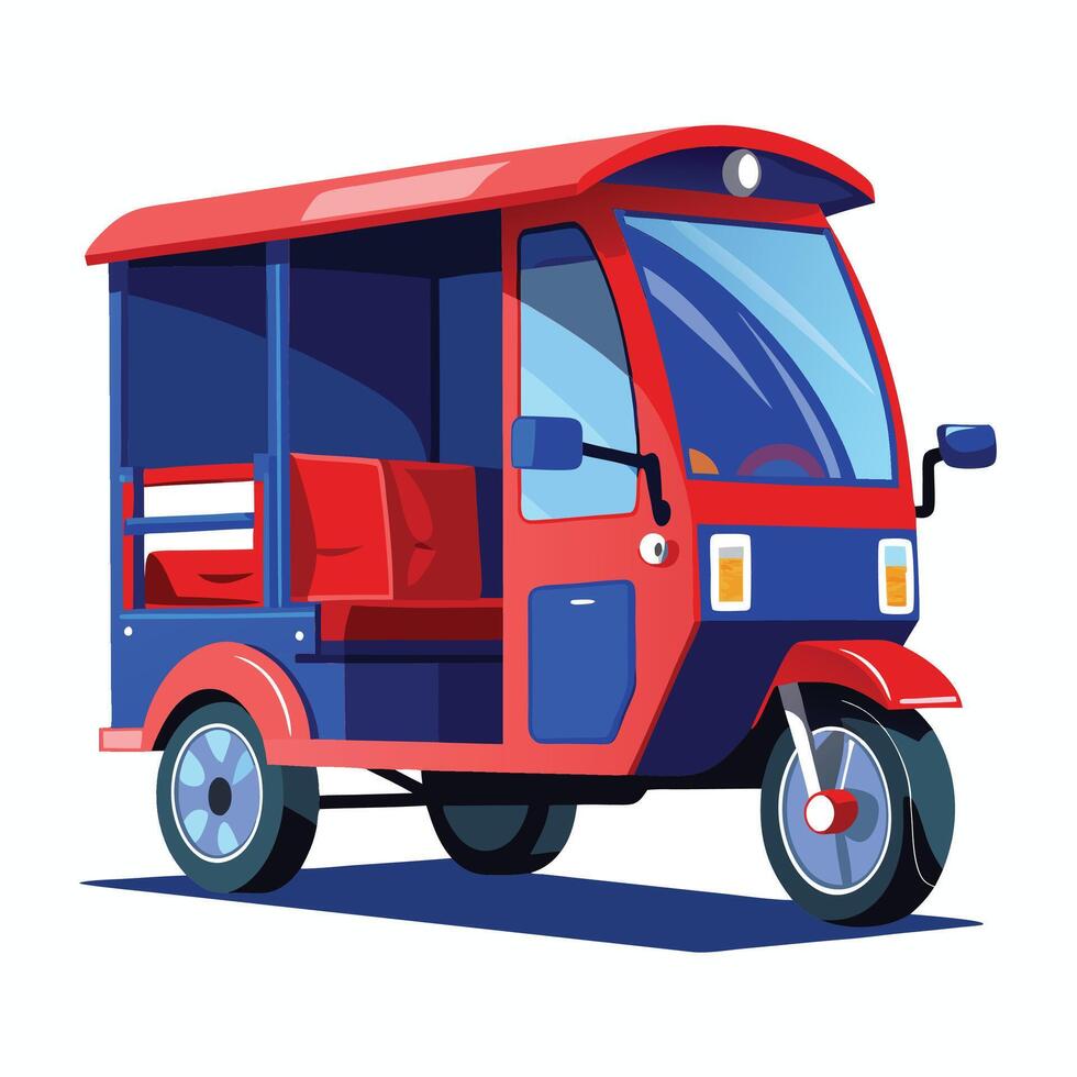 A red and blue tuk tuk on a white background vector