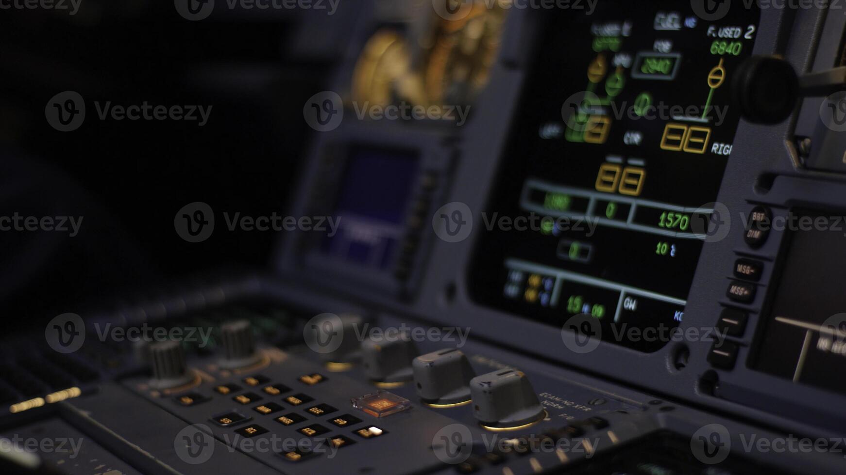 Autopilot control element of an airliner. Panel of switches on an aircraft flight deck. Thrust levers of a twin engined airliner. Pilot controls the aircraft. Onboard computer, cockpit photo