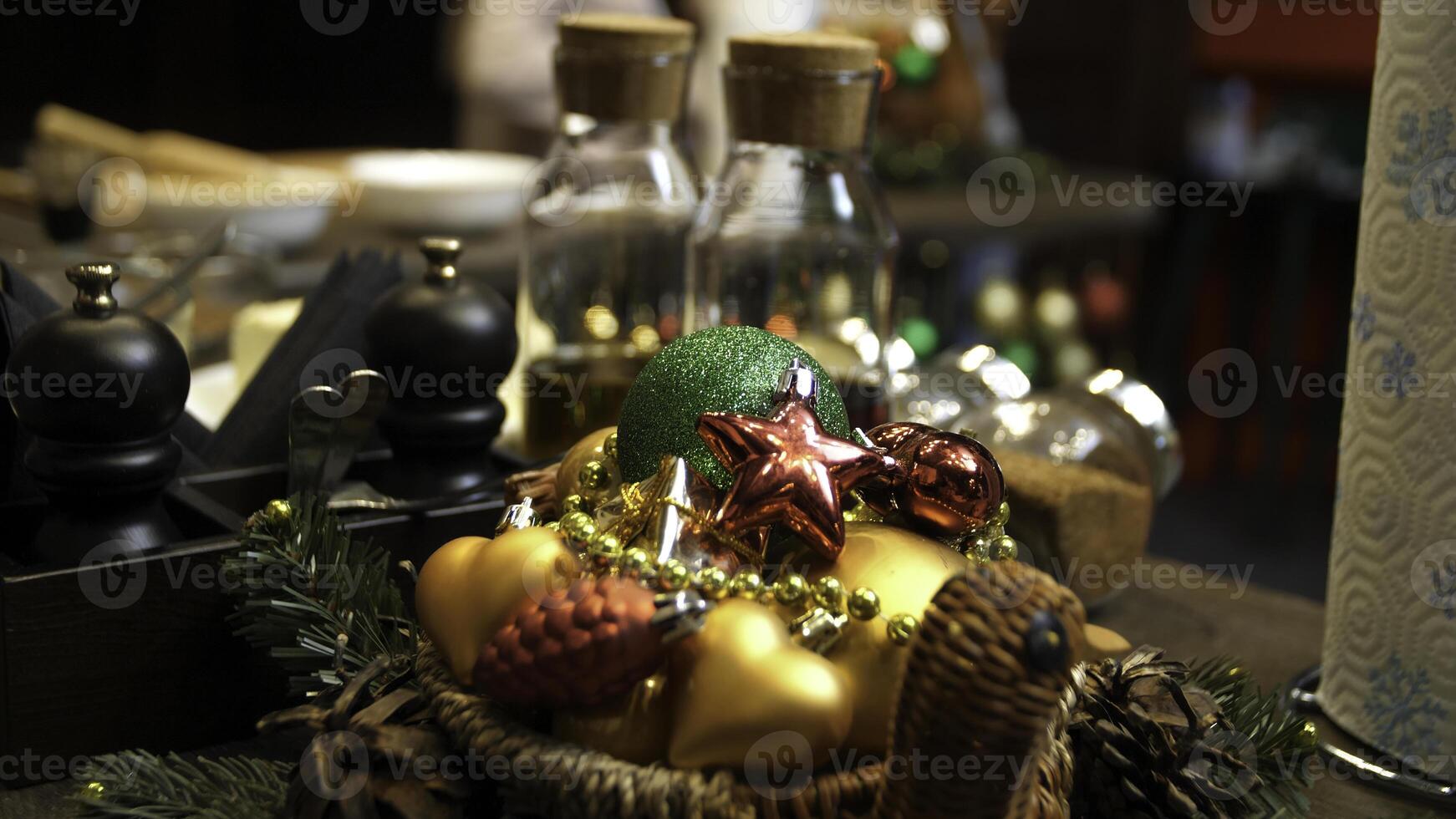 Christmas table setting on wooden, top view. Holidays background. Kitchen wooden table with Christmas decoration photo
