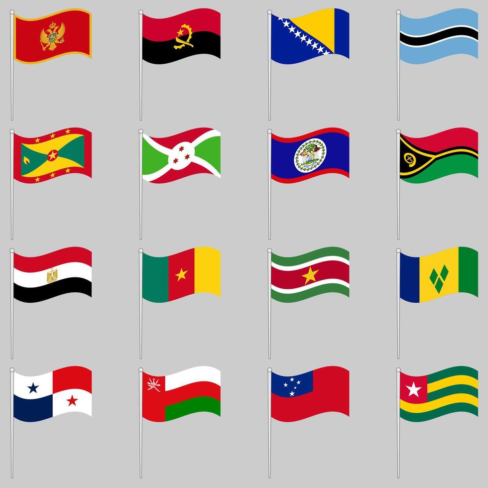 Large set of waving flags on a pole vector