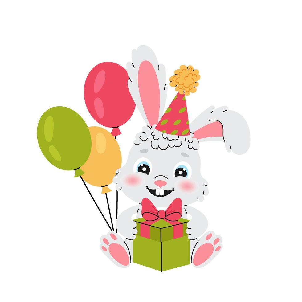 Rabbit. Cute cartoon hare with balloons and gift. Festive character for greeting cards. Birthday. Flat illustration on white background. vector