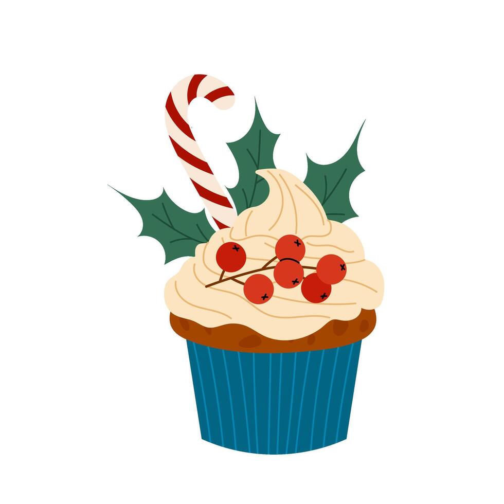 Christmas muffin with ilex berries and a caramel cane. Festive baking. Flat illustration of food on white background. vector