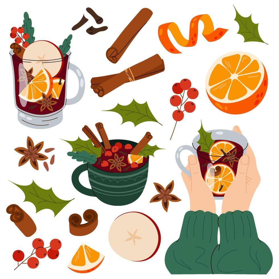 Gluhwein. Set of ingredients for mulled wine. Hot drink with spices and fruits, autumn and winter drinks, traditional food. Flat illustration on white background. vector