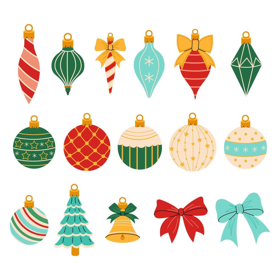 Set of Christmas tree ornaments in retro style. Decorative bows. Winter festive decoration. Glass toys traditional new year holiday design element. Christmas bell. vector