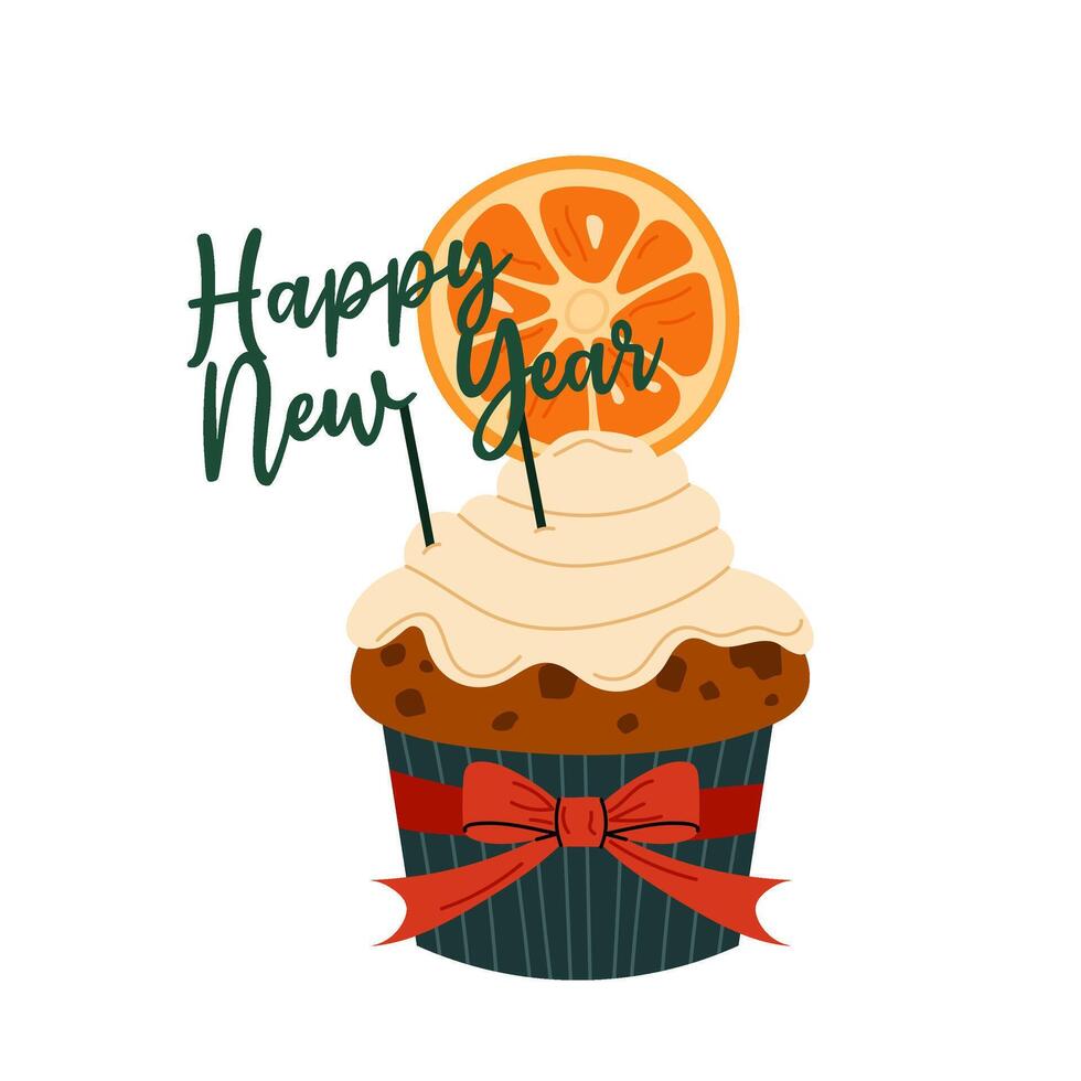 Happy New Year. Festive baking. Christmas muffin with cream and orange. Flat illustration of food on white background. vector