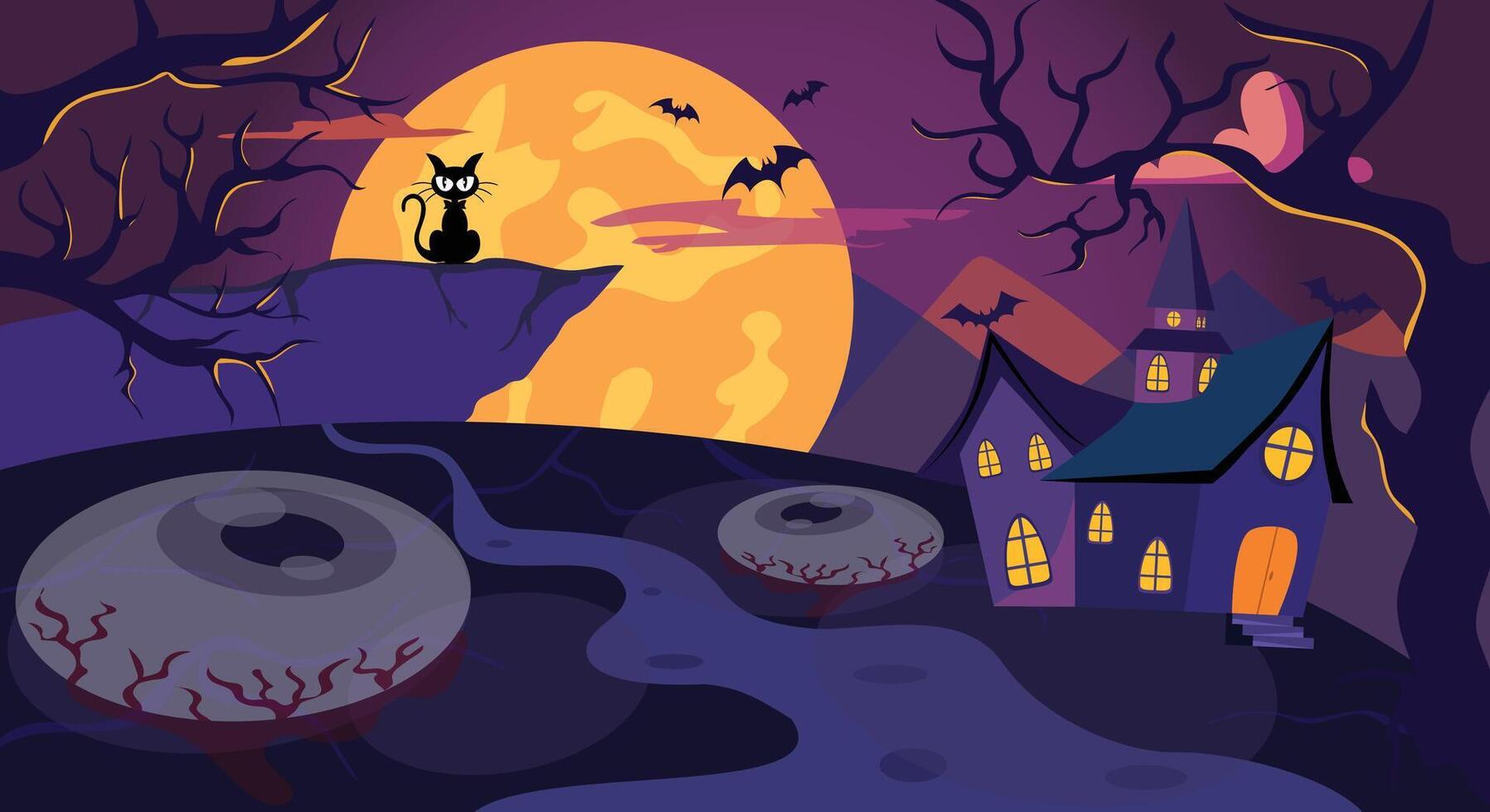 Happy Halloween banner or party invitation, Halloween background with pumpkins and haunted house vector